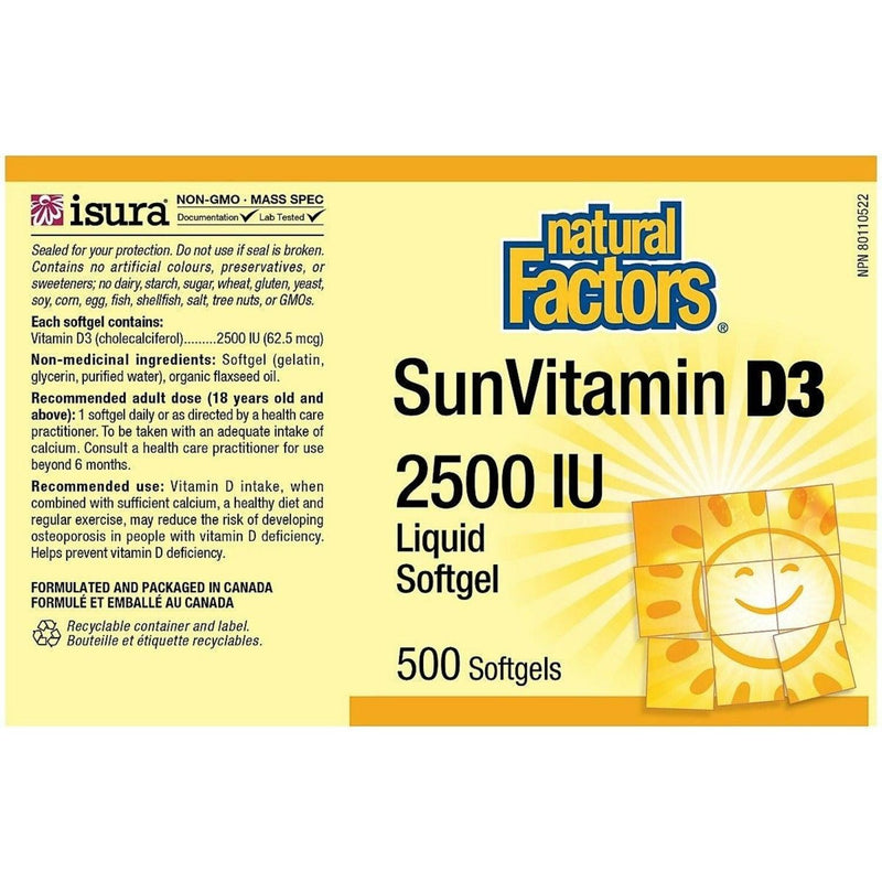 Natural Factors Sun Vitamin D3 2500 IU 500 Softgels Vitamins - Vitamin D at Village Vitamin Store