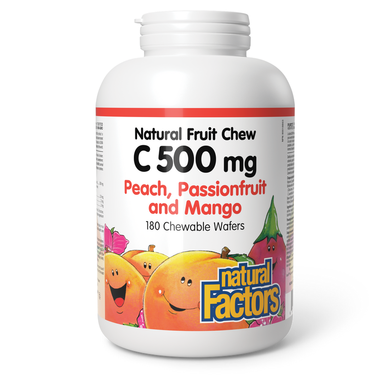 Natural Factors Kids C 500mg Fruit Chews Peach, Passionfruit and Mango 180 Chewable Wafers