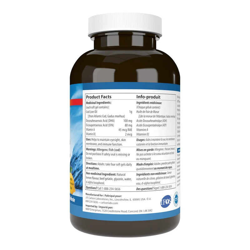 Carlson's Cod Liver Oil Lemon Flavor 300 Softgels