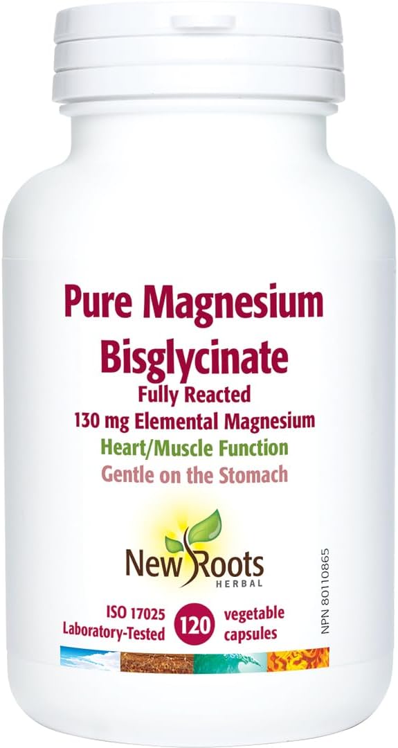 New Roots Herbal Pure Magnesium Bisglycinate 130mg Elemental Magnesium 120 Vege Caps
