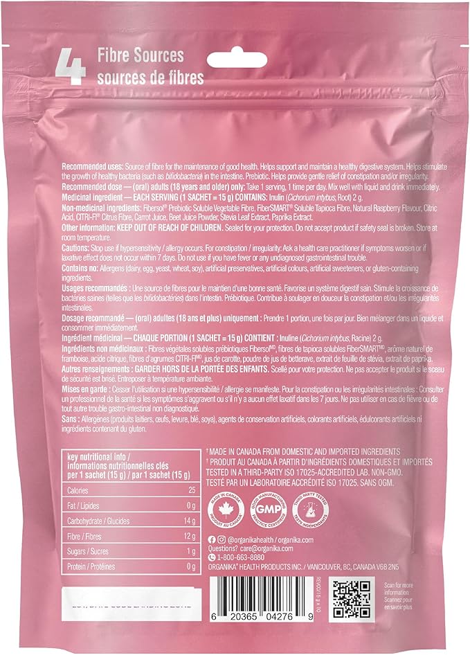 Organika Belli Bliss Fibre + Chromium | Complete daily blend 10 15 Gram Raspberry Flavored Sachets
