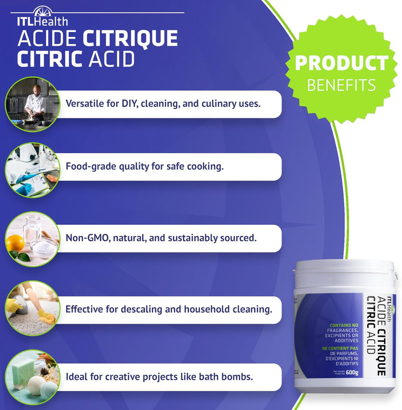 ITL Health Citric Acid 600g - Non-GMO and Fragrance Free