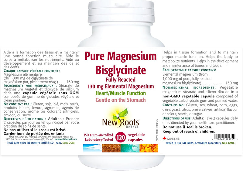New Roots Herbal Pure Magnesium Bisglycinate 130mg Elemental Magnesium 120 Vege Caps
