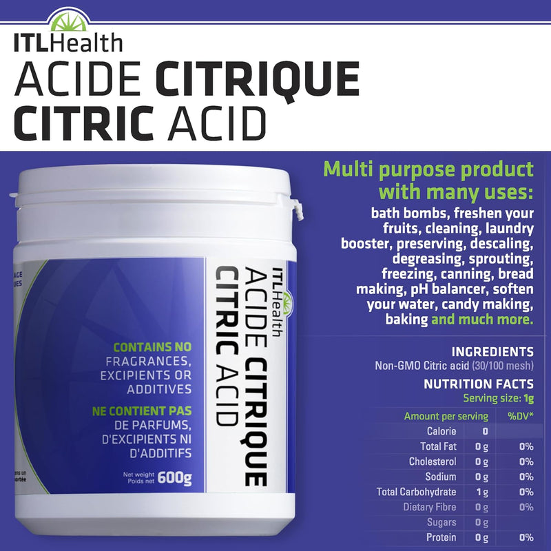ITL Health Citric Acid 600g - Non-GMO and Fragrance Free