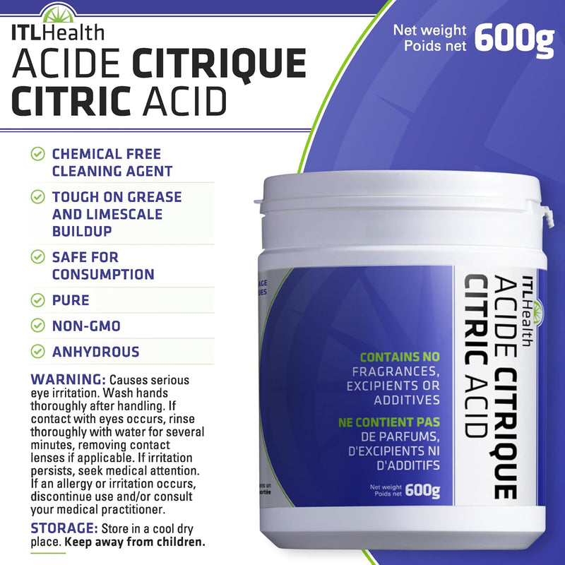 ITL Health Citric Acid 600g - Non-GMO and Fragrance Free