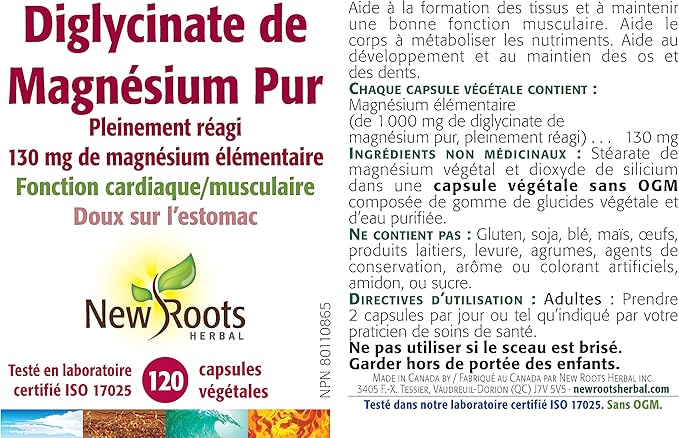 New Roots Herbal Pure Magnesium Bisglycinate 130mg Elemental Magnesium 120 Vege Caps
