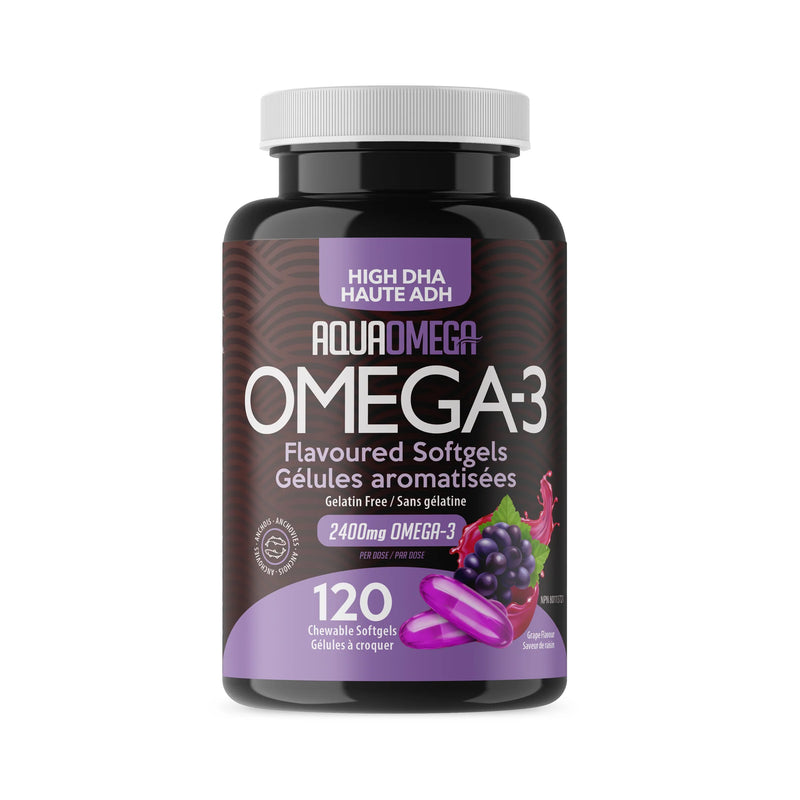 AquaOmega Omega-3 High DHA Omega-3 | Grape Flavoured Softgels 120 Soft Caps