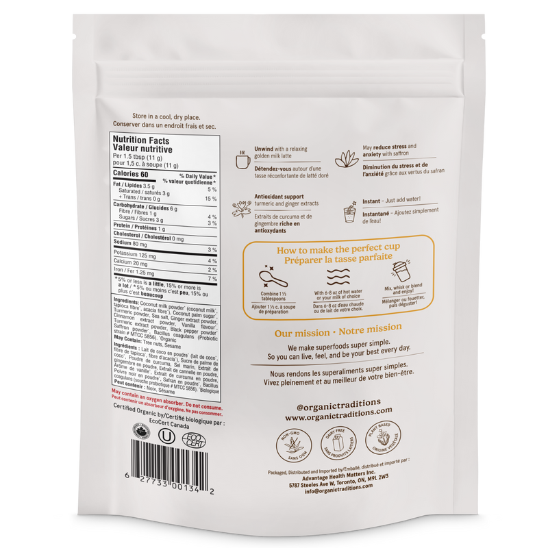 Organic Traditions Organic Turmeric Latte With Saffron And Probiotics 150g
