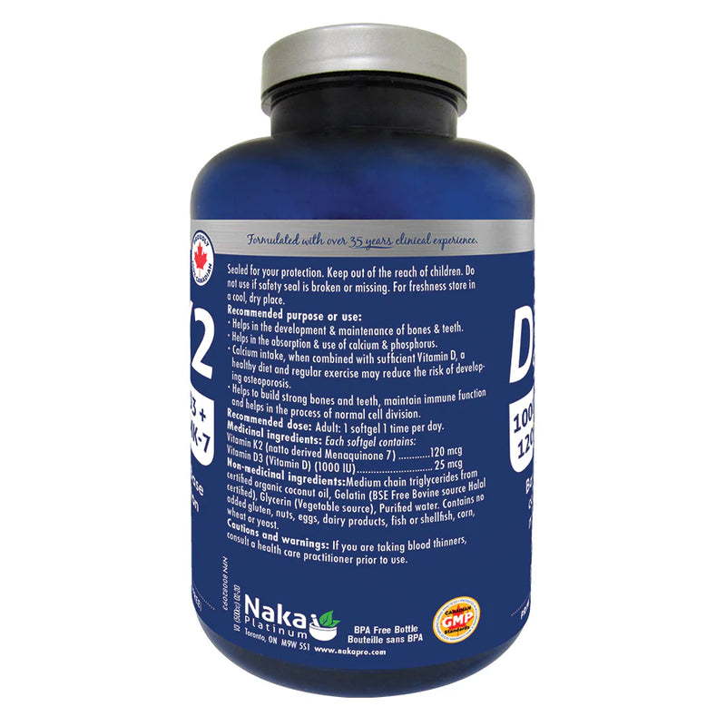 Naka Platinum D3+K2 (MK-7) 1000IU + 120mcg 300 Softgels Bonus Size