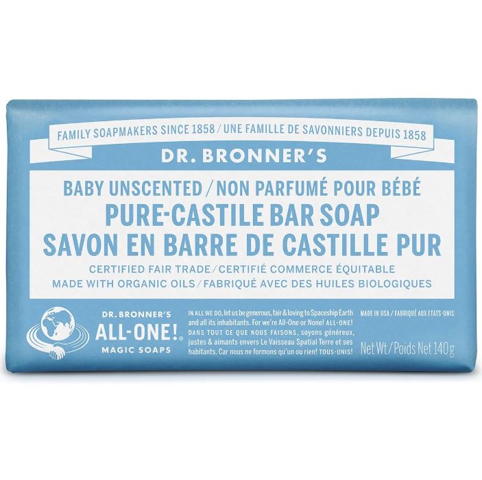 Dr. Bronner's Pure-Castile Bar Soap Baby Unscented 140g Soap & Gel at Village Vitamin Store