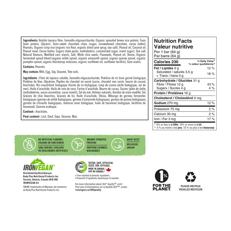 Iron Vegan Sprouted Protein Bar Peanut Chocolate Chip 62g