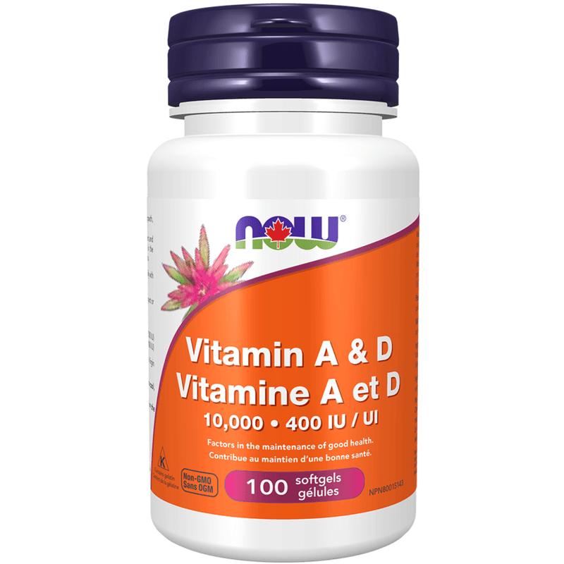 NOW Vitamin A and D 10,0000/400IU 100softgels Vitamins - Vitamin A at Village Vitamin Store