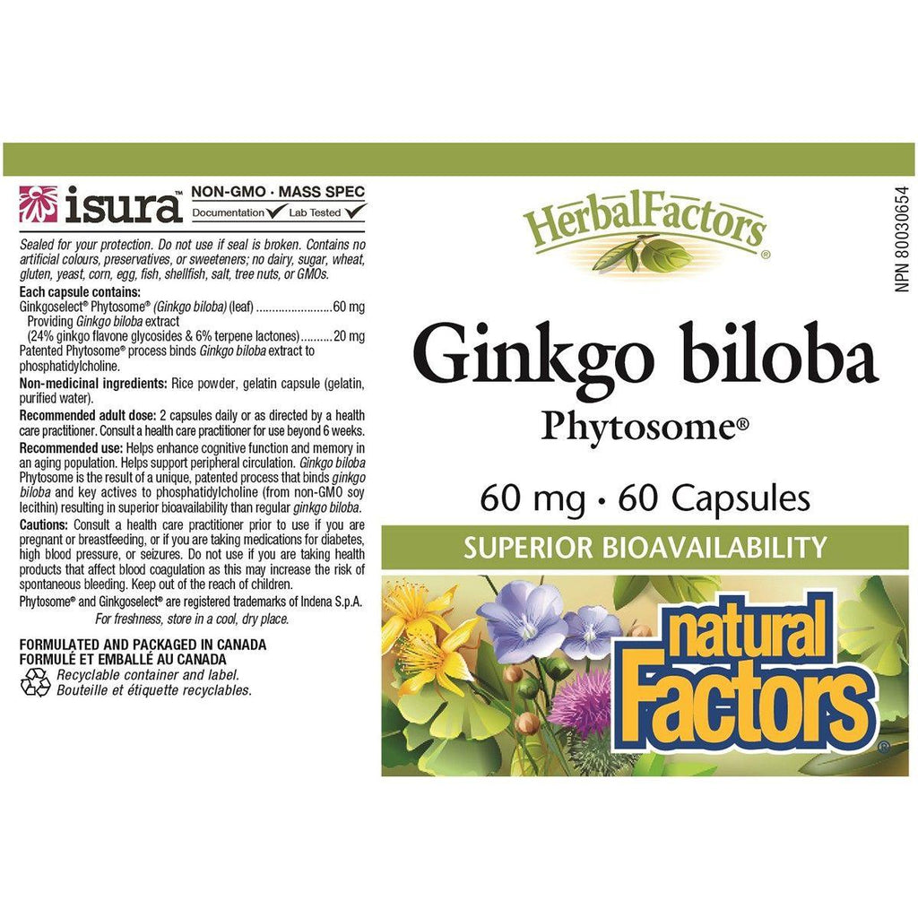 Natural Factors Herbal Factors Ginkgo Biloba Phytosome 60mg 60 Caps Supplements - Cognitive Health at Village Vitamin Store