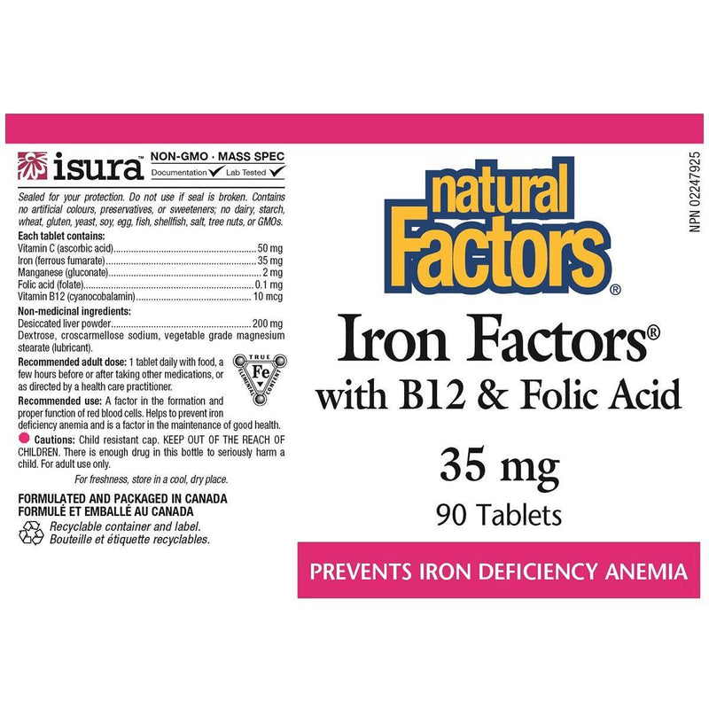 Natural Factors Iron Factors with B12 & Folic Acid 35mg 90 Tabs Minerals - Iron at Village Vitamin Store