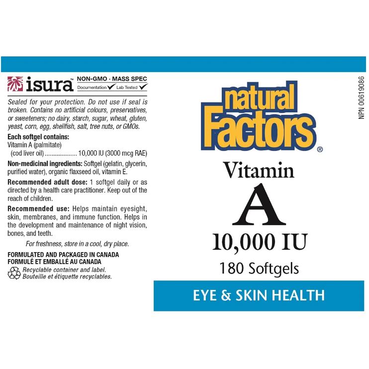 Natural Factors Vitamin A 10,000 IU 180 Softgels Vitamins - Vitamin A at Village Vitamin Store