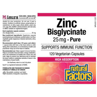 Natural Factors Zinc Bisglycinate 25mg 120 Veggie Caps Minerals - Zinc at Village Vitamin Store