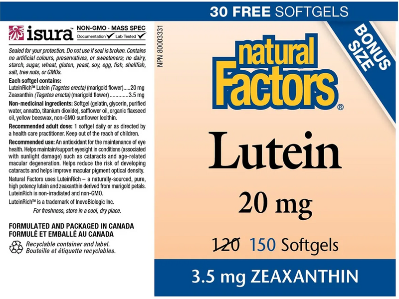 Natural Factors Lutein 20mg 120+30 Softgels