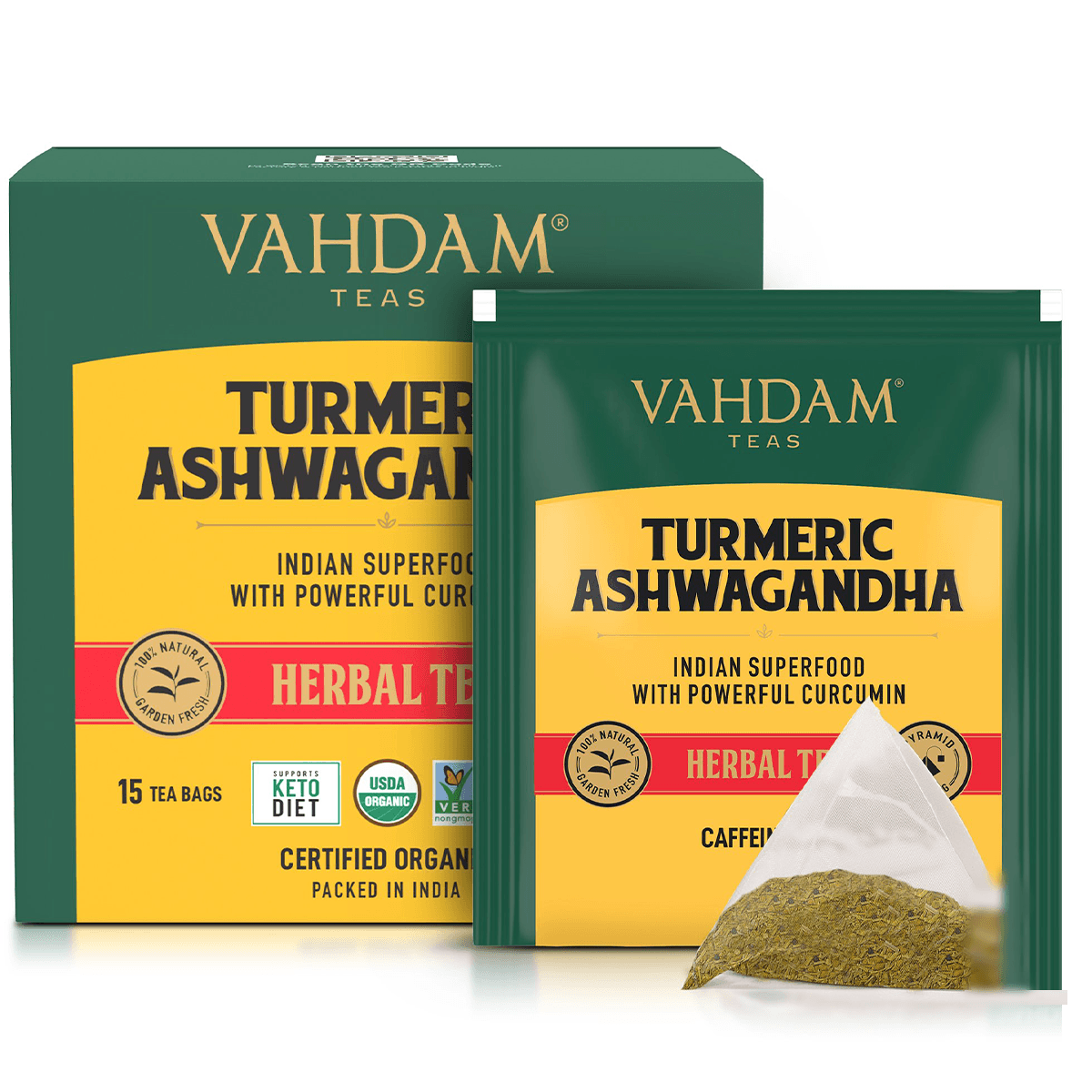 Vahdam Turmeric Ashwagandha Herbal Tea 15 Tea Bags Food Items at Village Vitamin Store