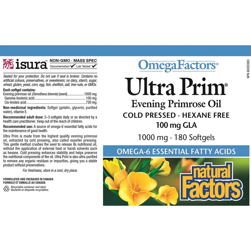 Natural Factors Omega Factors Ultra Prim Evening Primrose Oil 1000mg 180 Softgels