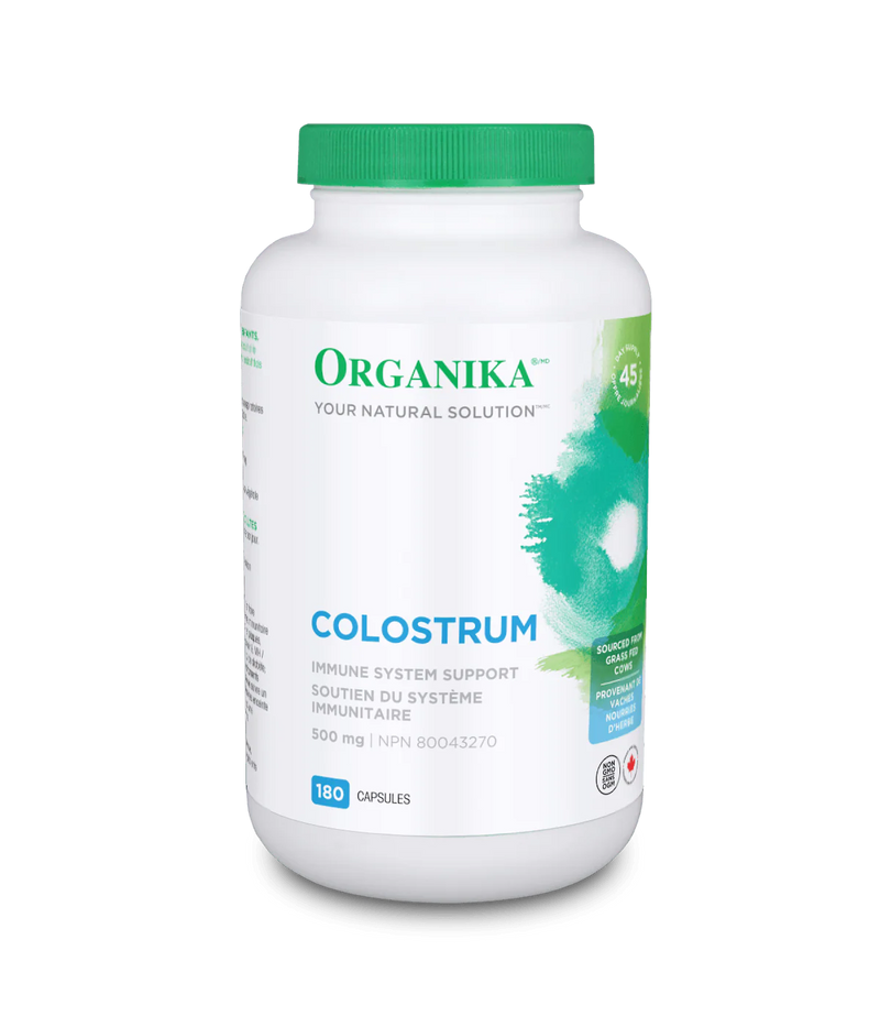 Organika Colostrum supplement bottle on a white background