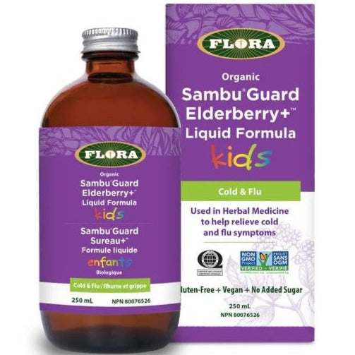 Flora Sambu®Guard Elderberry+ Liquid Formula For Kids 250mL Cough, Cold & Flu at Village Vitamin Store