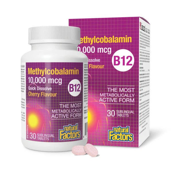 Natural Factors B12 Methylcobalamin 10000mcg Cherry Flavour 30 Quick Dissolve Sublingual Tabs