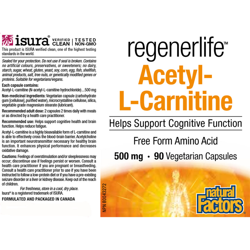 Natural Factors RegenerLife Acetyl-L-Carnitine 500 mg 90 Veggie Capsules