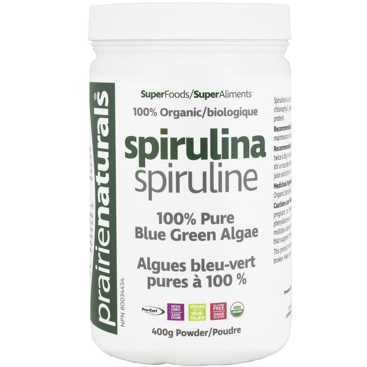 Prairie Naturals Spirulina Organic 400g Supplements - Greens at Village Vitamin Store
