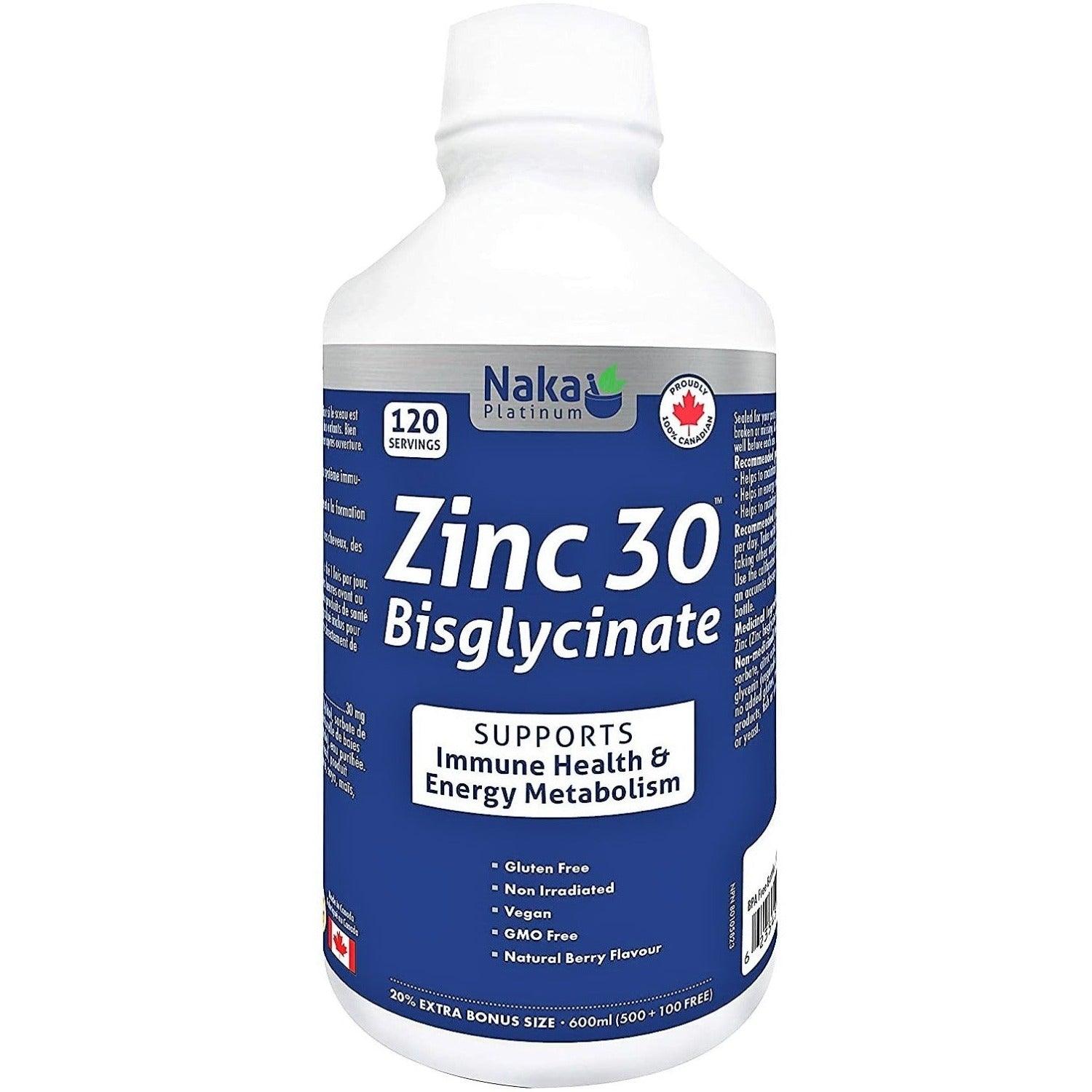 Naka Platinum Zinc 30 Bisglycinate 600ml (500 + 100 FREE) 120 Servings Minerals - Zinc at Village Vitamin Store