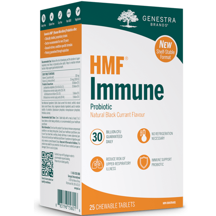 Genestra HMF Immune Probiotic 30 Billion CFU 25 Chewable Tabs Natural Black Currant Flavour Shelf-Stable Format Supplements - Immune Health at Village Vitamin Store