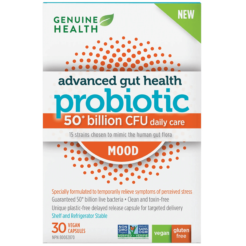 Genuine Health Advanced Gut Health Probiotic Mood 50 Billion CFU 30 Veggie Caps Supplements - Stress at Village Vitamin Store