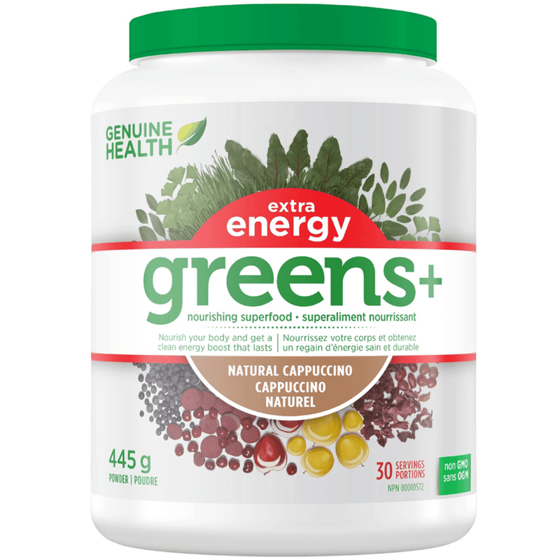 Genuine Health Greens+ Extra Energy Cappuccino 445g Supplements - Greens at Village Vitamin Store