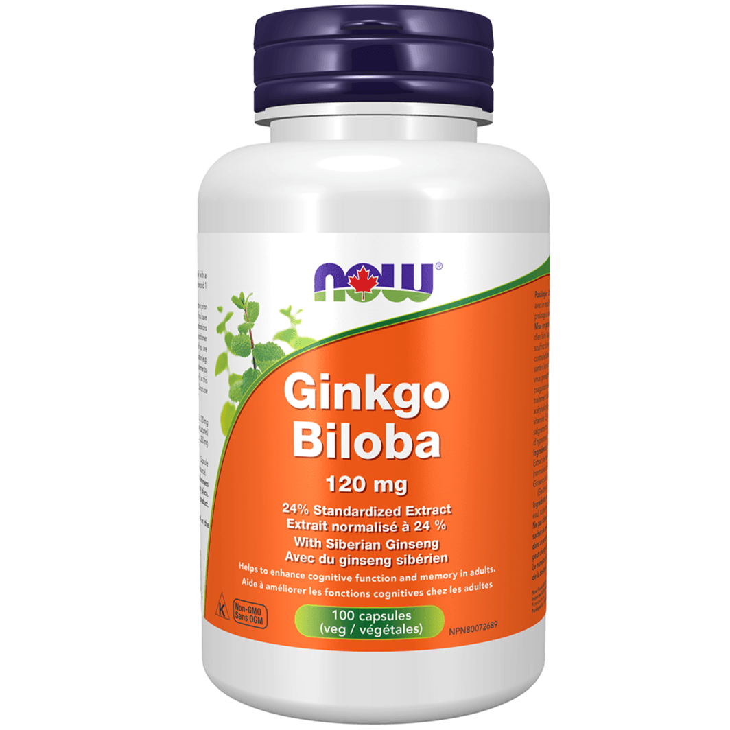 NOW Ginkgo Biloba 120mg 100 Veggie Caps Supplements - Cognitive Health at Village Vitamin Store