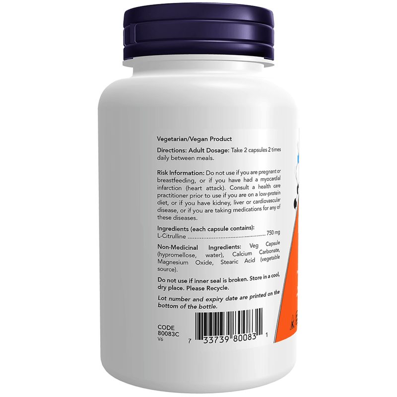NOW L-Citrulline 750 mg 90 Veggie Caps Supplements - Amino Acids at Village Vitamin Store