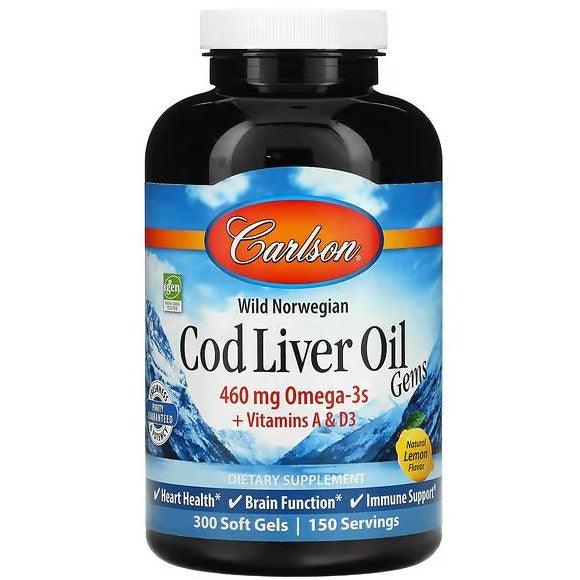 Carlson's Cod Liver Oil Lemon Flavor 300 Softgels Supplements - EFAs at Village Vitamin Store