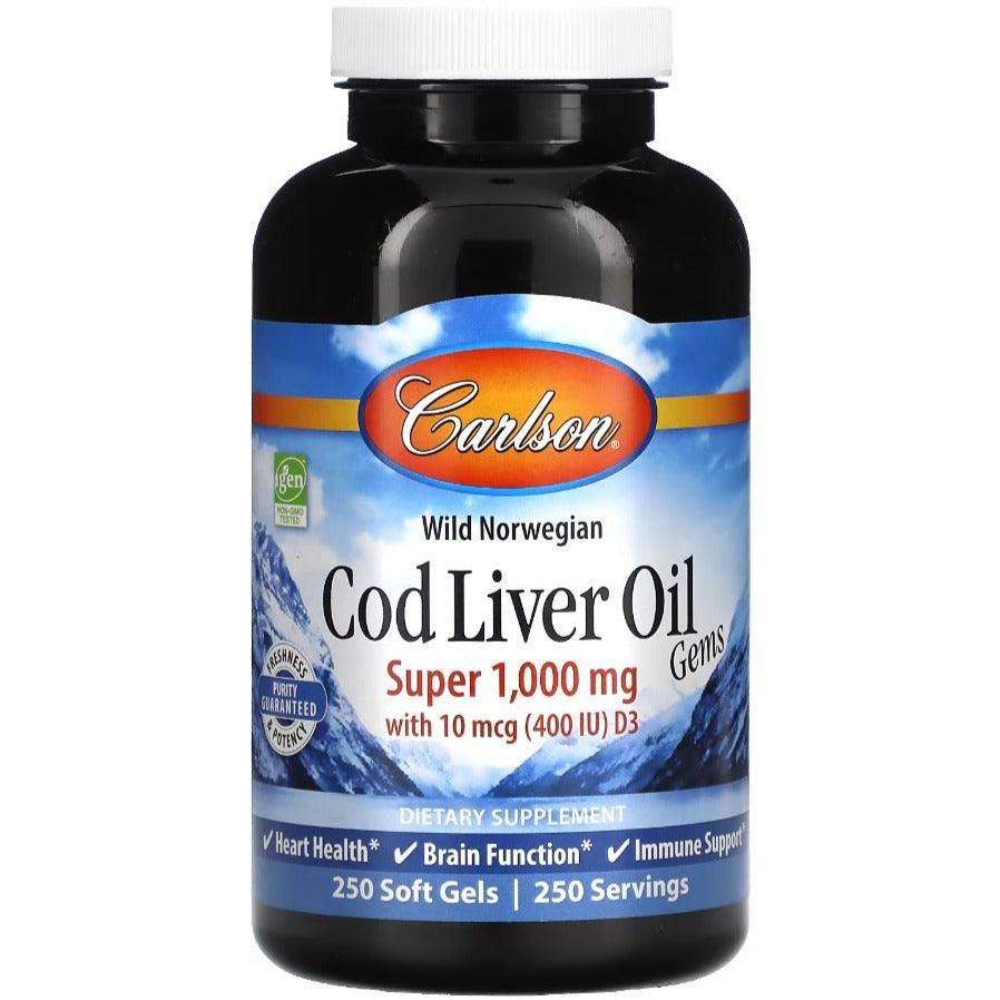 Carlson Super Cod Liver Oil 1000MG 250 Soft Gels Supplements - EFAs at Village Vitamin Store