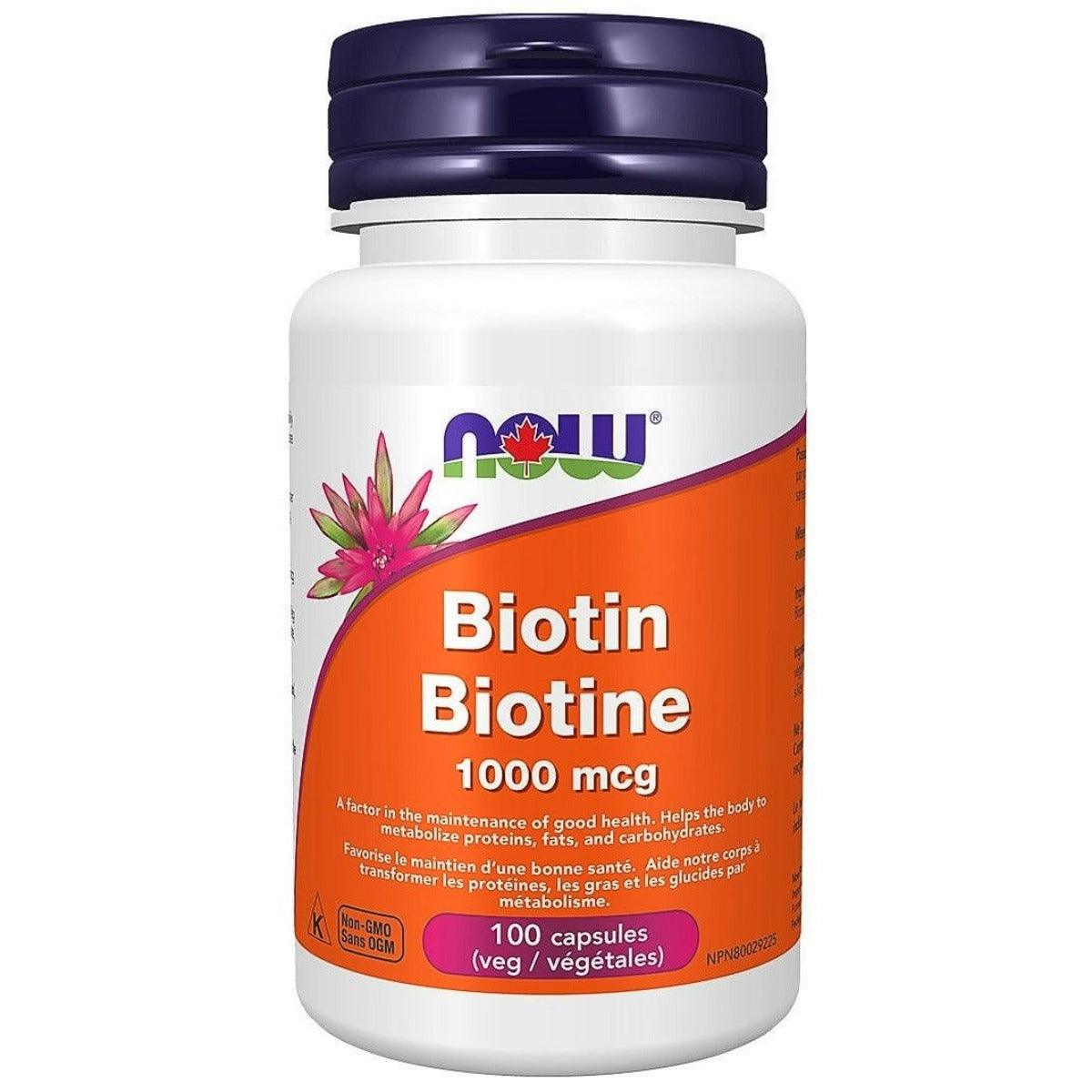NOW Biotin 1000mcg Vitamin B 100 Veggie Caps Supplements - Hair Skin & Nails at Village Vitamin Store