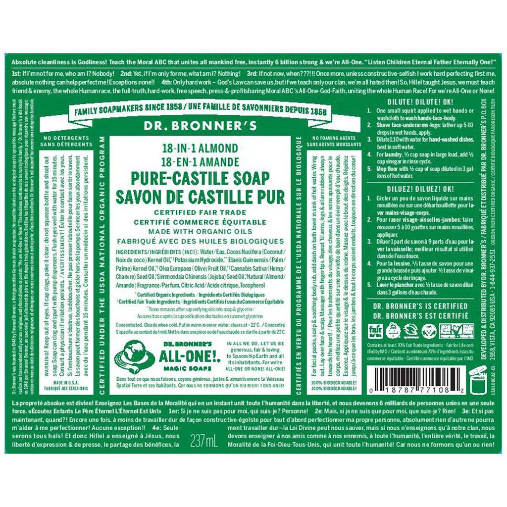 Soap & Gel Dr. Bronner's Organic Pure Castile Liquid Soap Almond 250ML Dr. Bronner's