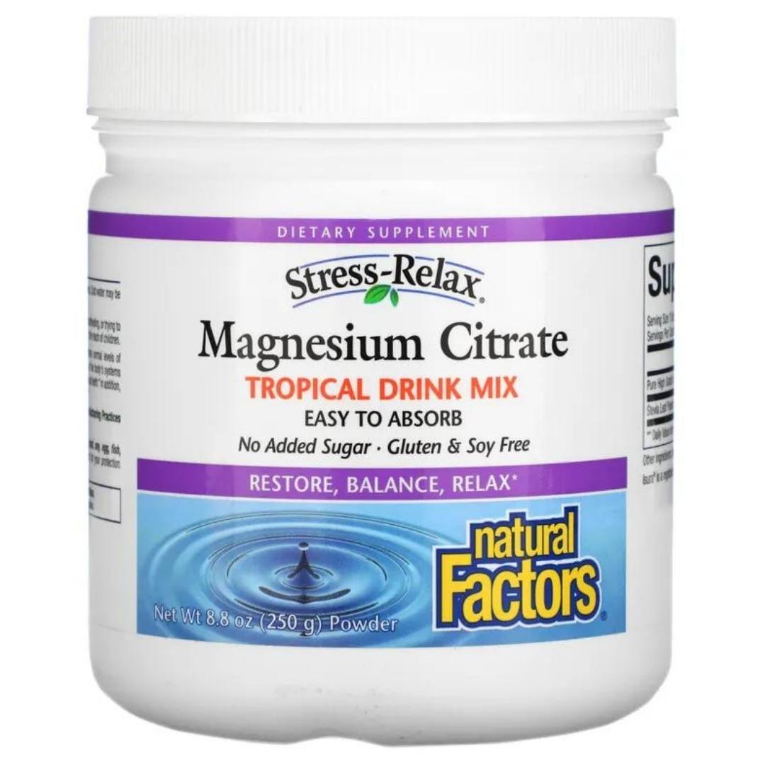 Natural Factors Magnesium Citrate Tropical Fruit Drink Mix 300mg 250g Powder Minerals - Magnesium at Village Vitamin Store